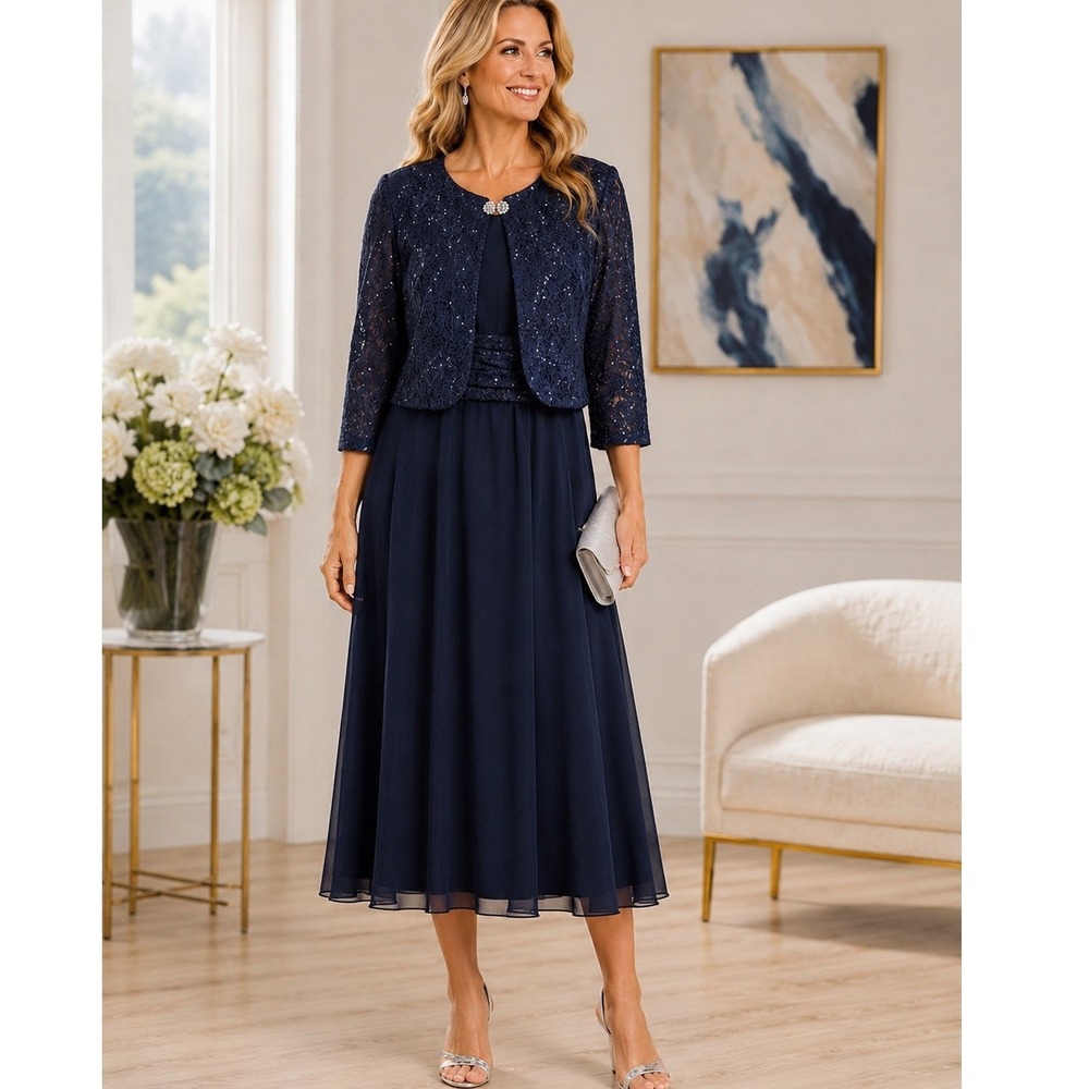 Jessica Howard Navy Blue Sequin Lace Dress/Jacket Set 6P Formal Evening Wedding